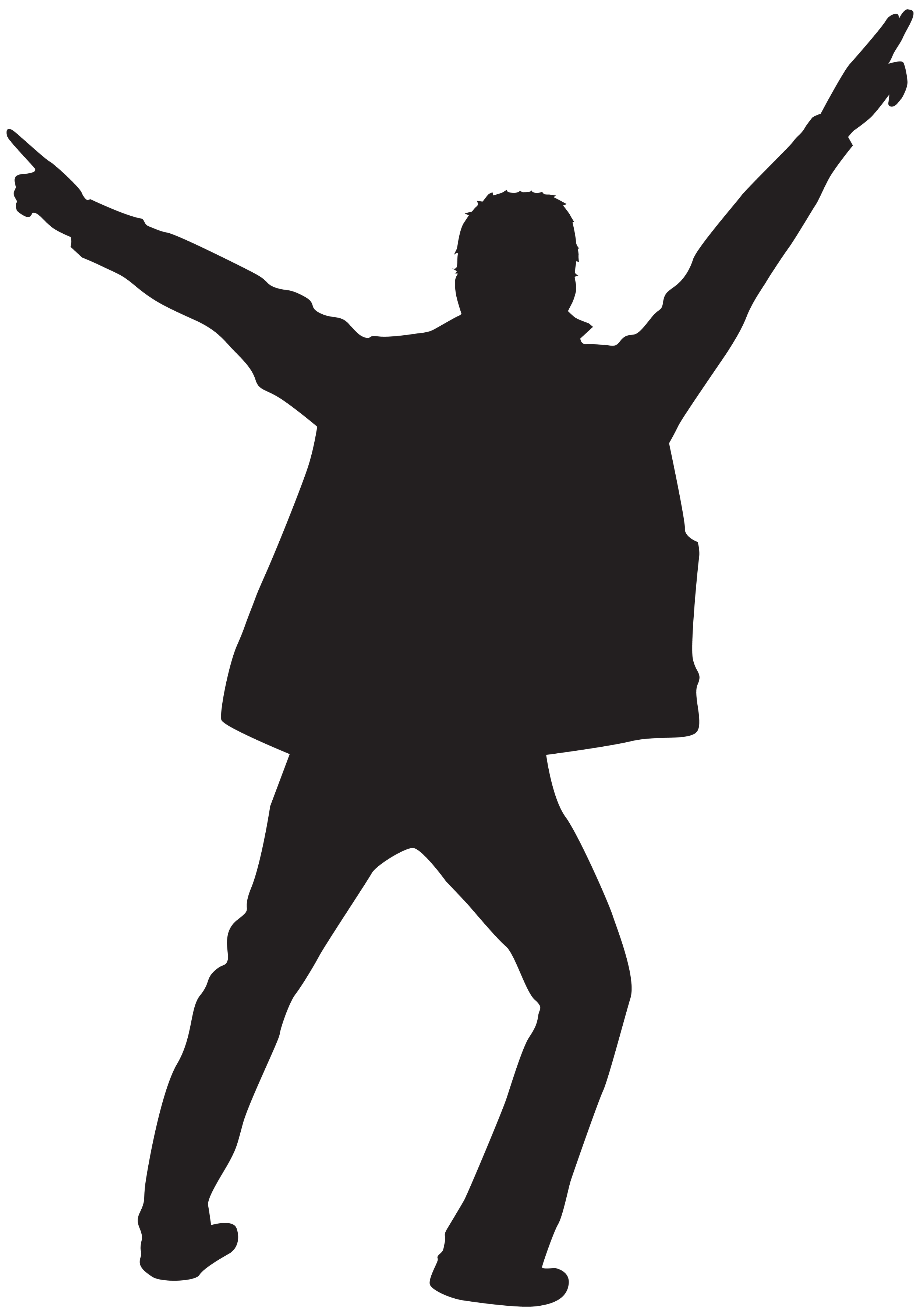 Silhouette of a girl in a dress with puffy sleeves, standing with arms raised and one leg bent, against a black background.