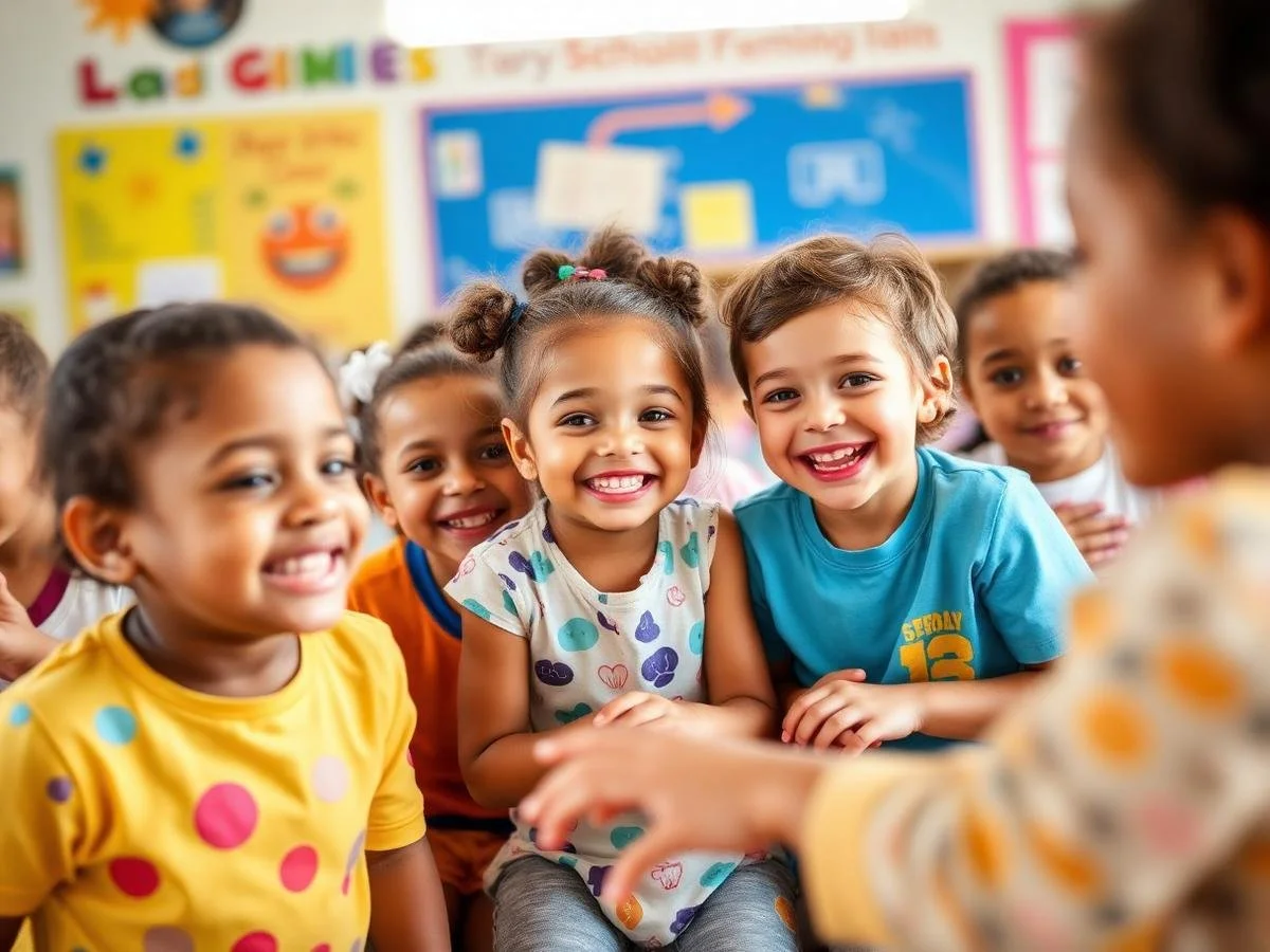 Group of smiling young children in a classroom sitting together.