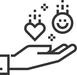 A hand holding a heart, a smiling face, and a star, representing care, happiness, and positivity.