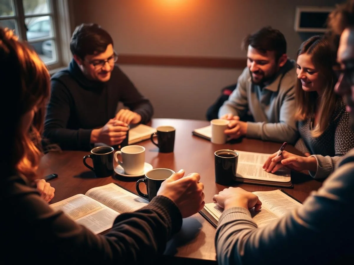 A group of people sitting around a table in a cozy room, having a discussion with books, notebooks, and coffee mugs in front of them.