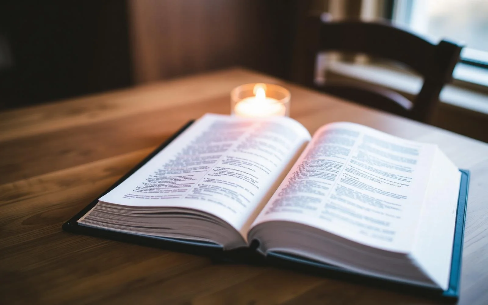 Open Bible on wooden table with lit candle in the background