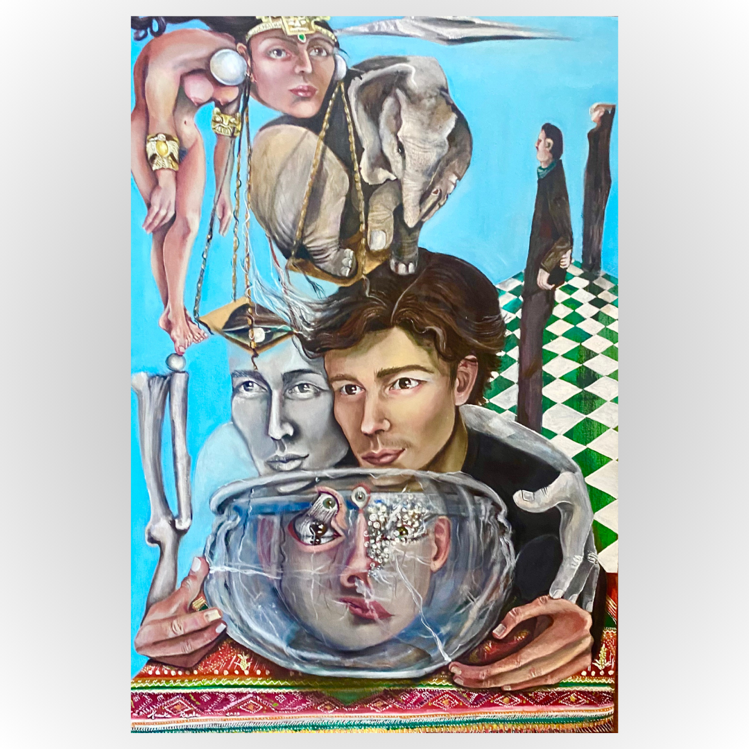 Dipinto surrealista con figure umane, un elefante, e un pesce in un piatto decorato, con uno sfondo di piastrelle verdi e nere e due uomini in fondo.