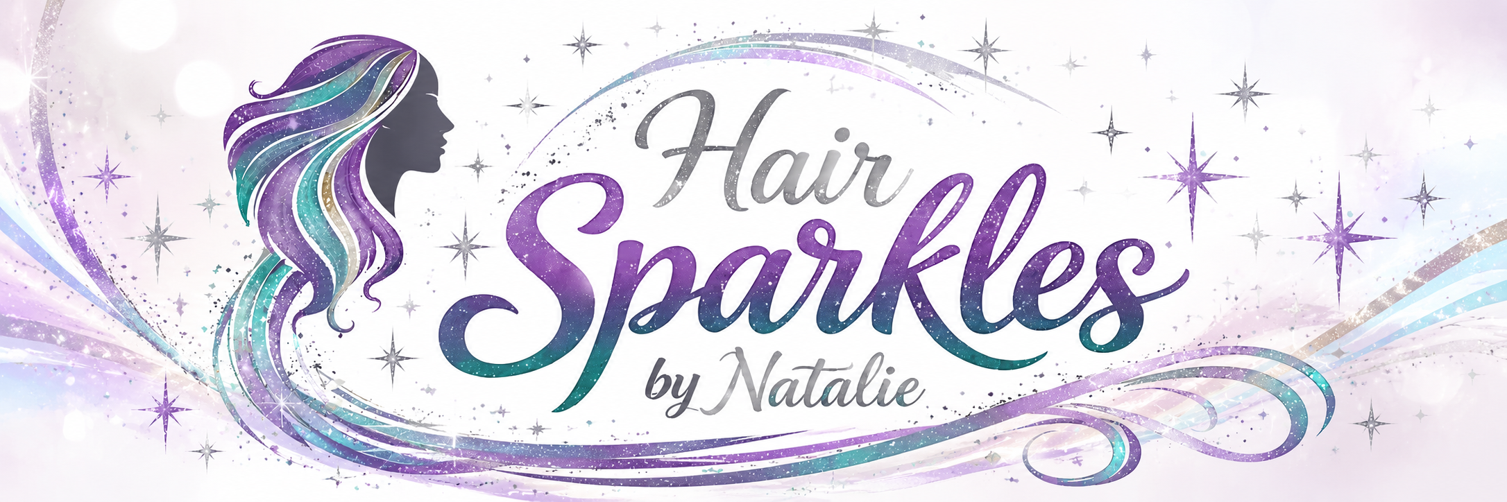 Stylized logo for 'Hair Sparkles by Natalie' featuring a silhouette of a woman's face with long, flowing hair in pastel colors, surrounded by sparkling stars and swirls.