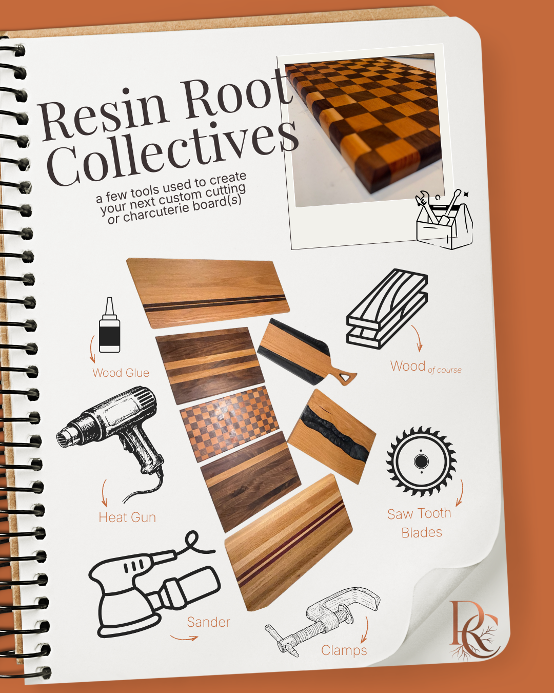 A collection of woodworking tools and materials for creating resin and wood projects, including wood glue, a heat gun, a sander, clamps, saw tooth blades, and various wood pieces with different finishes and designs.