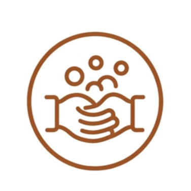 Icon of two hands washing with soap, bubbles, and water in a circular outline.