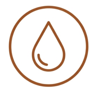A brown outline of a water droplet inside a circle on a white background.