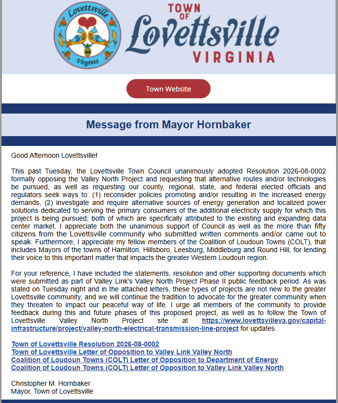 Special message from Mayor Hornbaker, Lovettsville Mayor