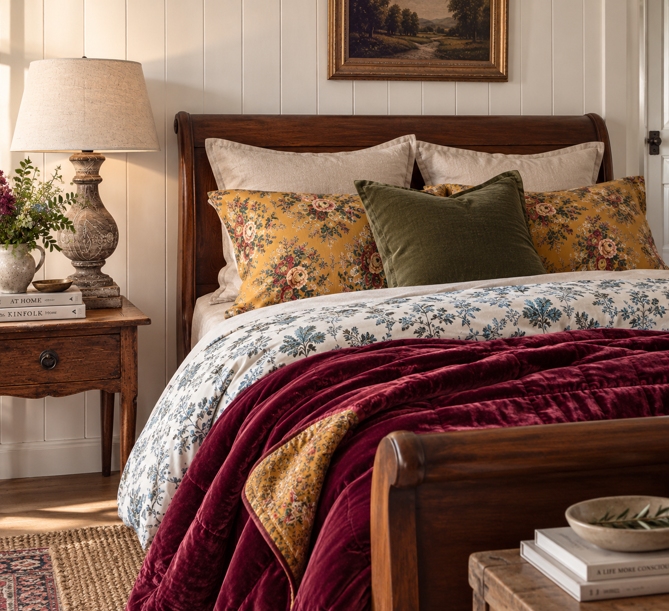 A cozy bedroom with a wooden bed frame, featuring floral and velvet pillows, a bedside table with a lamp, and wall art depicting a landscape.