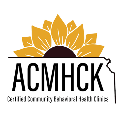 Logo of ACMHCK, a sunflower with yellow petals and a black center, with the outline of the state of Oklahoma and the text 'ACMHCK Certified Community Behavioral Health Clinics'.