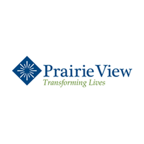 Prairie View logo with a blue diamond and a white starburst, accompanied by the text "Prairie View" and the tagline "Transforming Lives" in green.