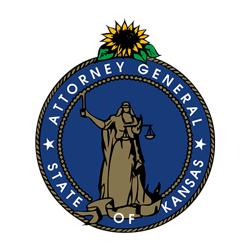 Seal of the Attorney General of Kansas featuring Lady Justice holding scales and a sword, with a sunflower at the top.