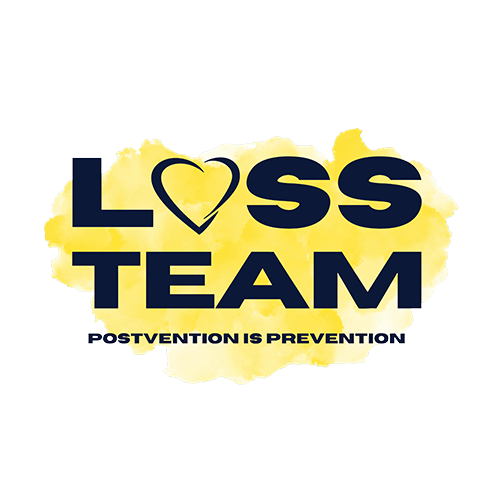 Logo for 'Loss Team' with a yellow watercolor background and a heart shape in place of the letter 'O'. The text reads 'LOSS TEAM' and below it, 'POSTVENTION IS PREVENTION'.