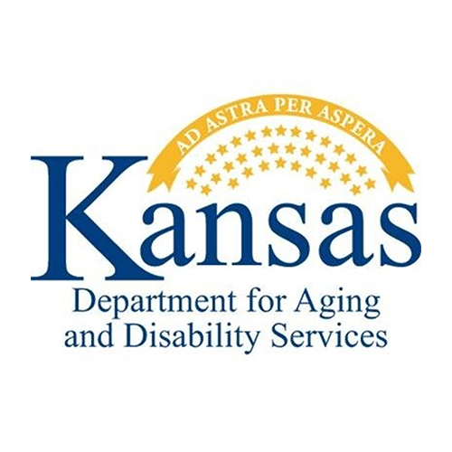 Logo of Kansas Department for Aging and Disability Services with the Latin motto "Ad Astra Per Aspera" and a yellow banner with stars.