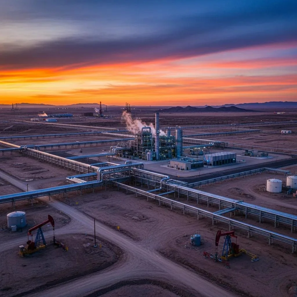 An oil refinery at sunset with a colorful sky, industrial pipes, and drilling rigs in the foreground.