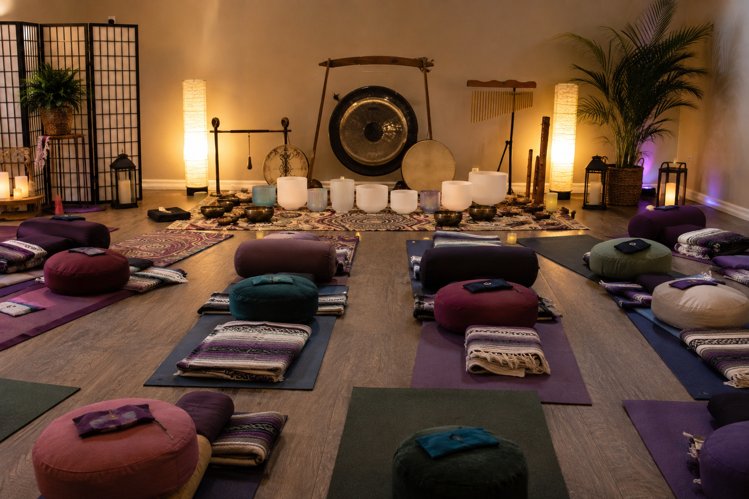Yoga or meditation room with mats, bolster cushions, and blankets arranged on a wooden floor. The room features soft lighting, candles, and decorative musical instruments and gong on the wall.