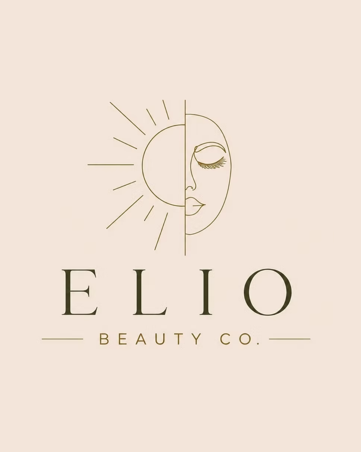 Logo for Elio Beauty Co. featuring a minimalist line drawing of a face with closed eyes and eyelashes, half the face resembles a sun with rays, set against a beige background.