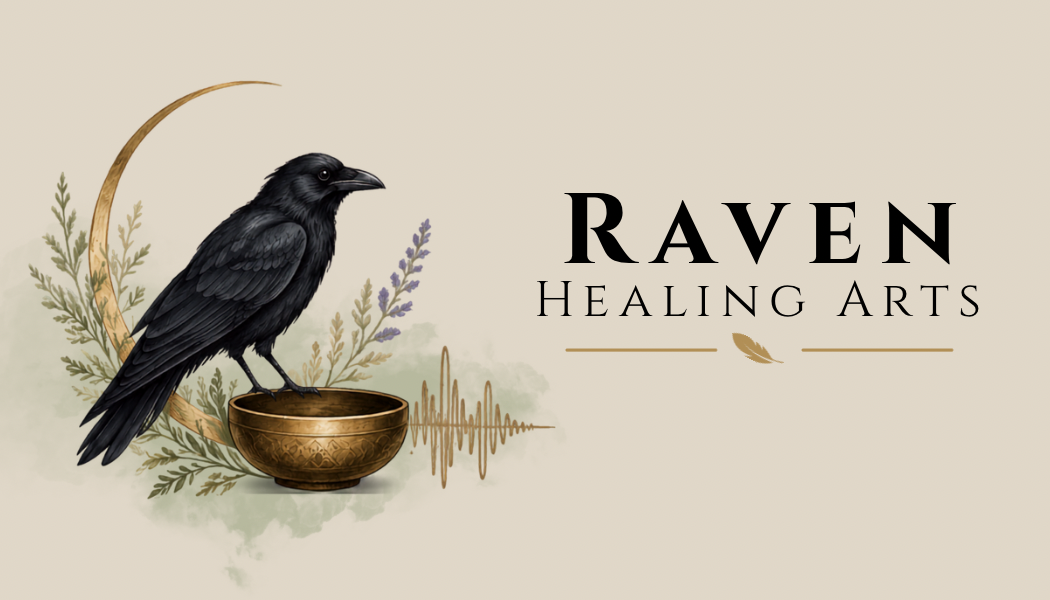A logo for Raven Healing Arts featuring a black raven perched on a brass singing bowl, with botanical and sound wave elements, and the text "Raven Healing Arts".