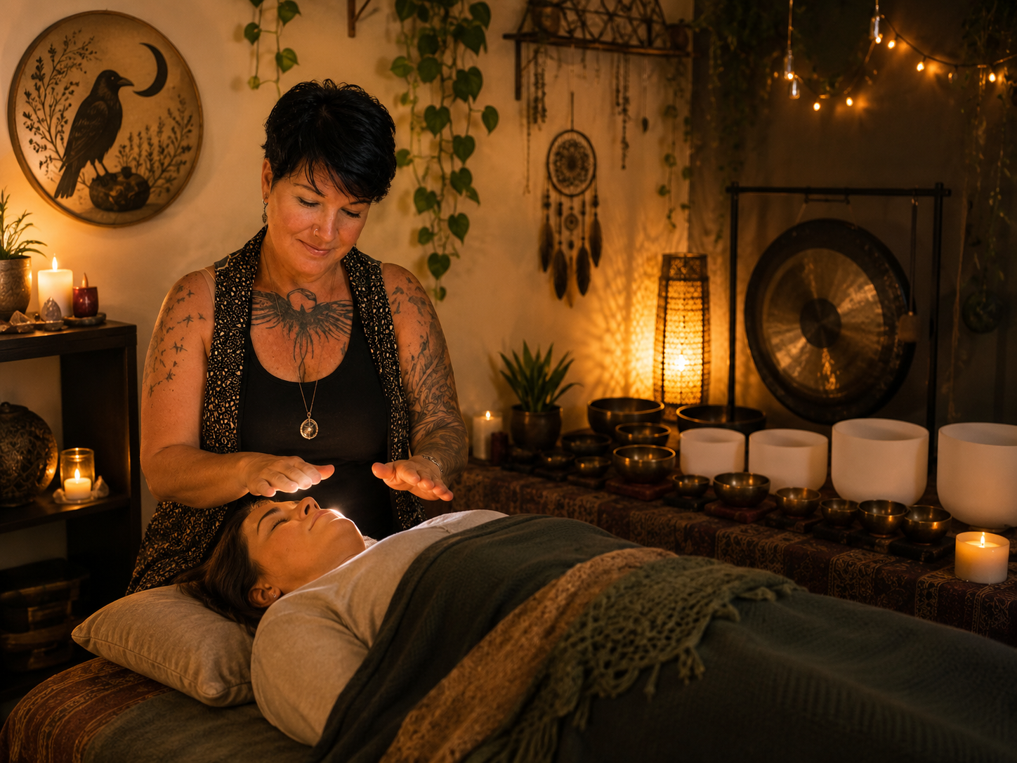 A woman receives a crystal healing treatment from a practitioner in a dimly lit room decorated with candles, plants, and spiritual objects.