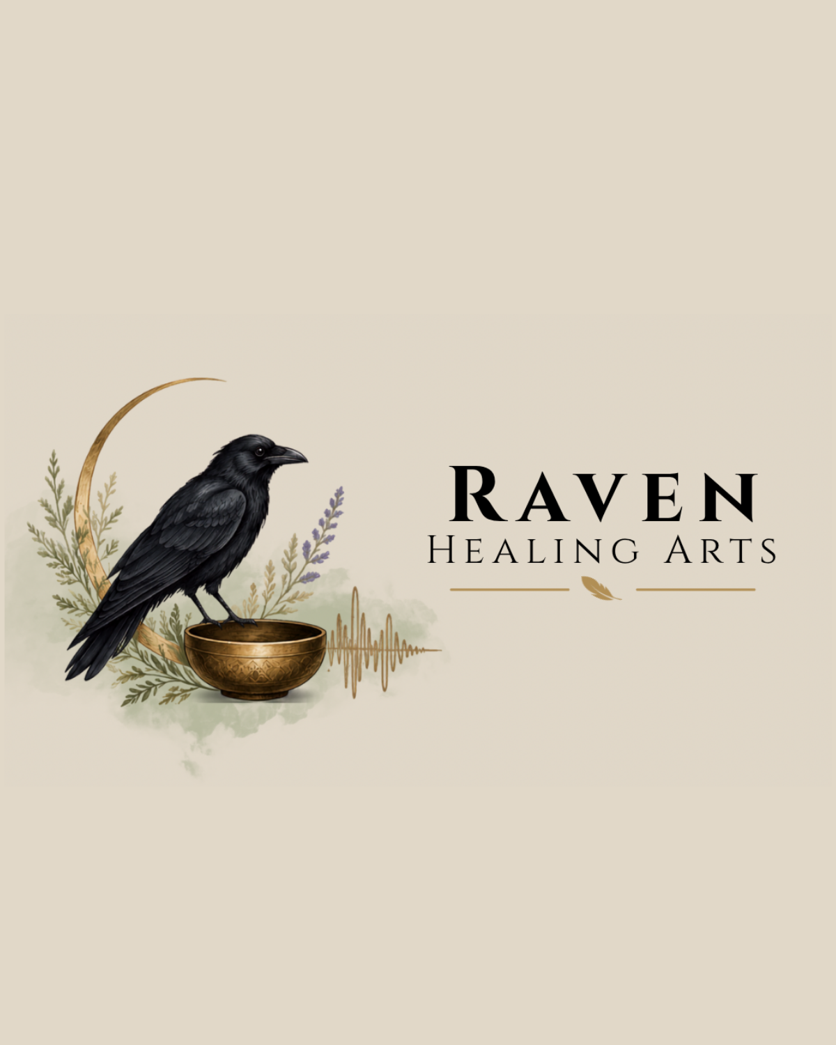 A graphic design featuring a black raven perched on a golden bowl, surrounded by botanical elements and a sound wave illustration. Text reads "Raven Healing Arts".