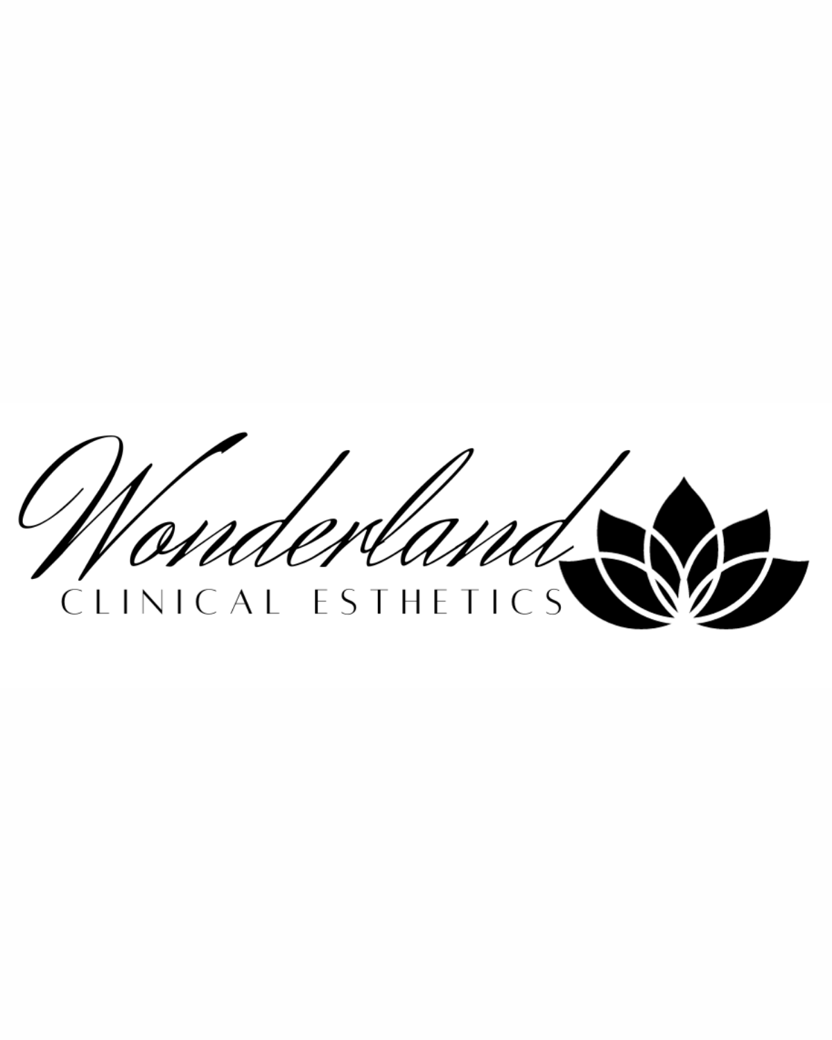 Black and white logo for Wonderland Clinical Esthetics with a stylized lotus flower design.