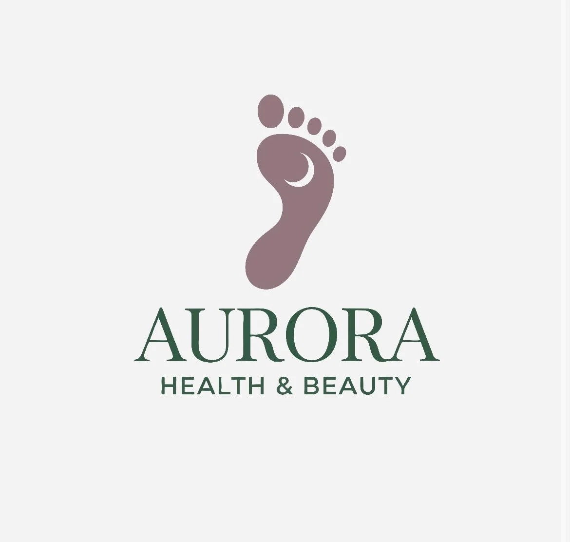 Logo for Aurora Health & Beauty with a stylized foot and moon symbol above the text