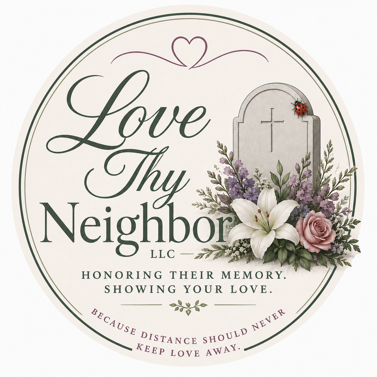 A circular memorial sign with the words 'Love Thy Neighbor LLC' and a heartfelt message, featuring purple and white flowers, a tombstone with a cross, and a ladybug on the tombstone.