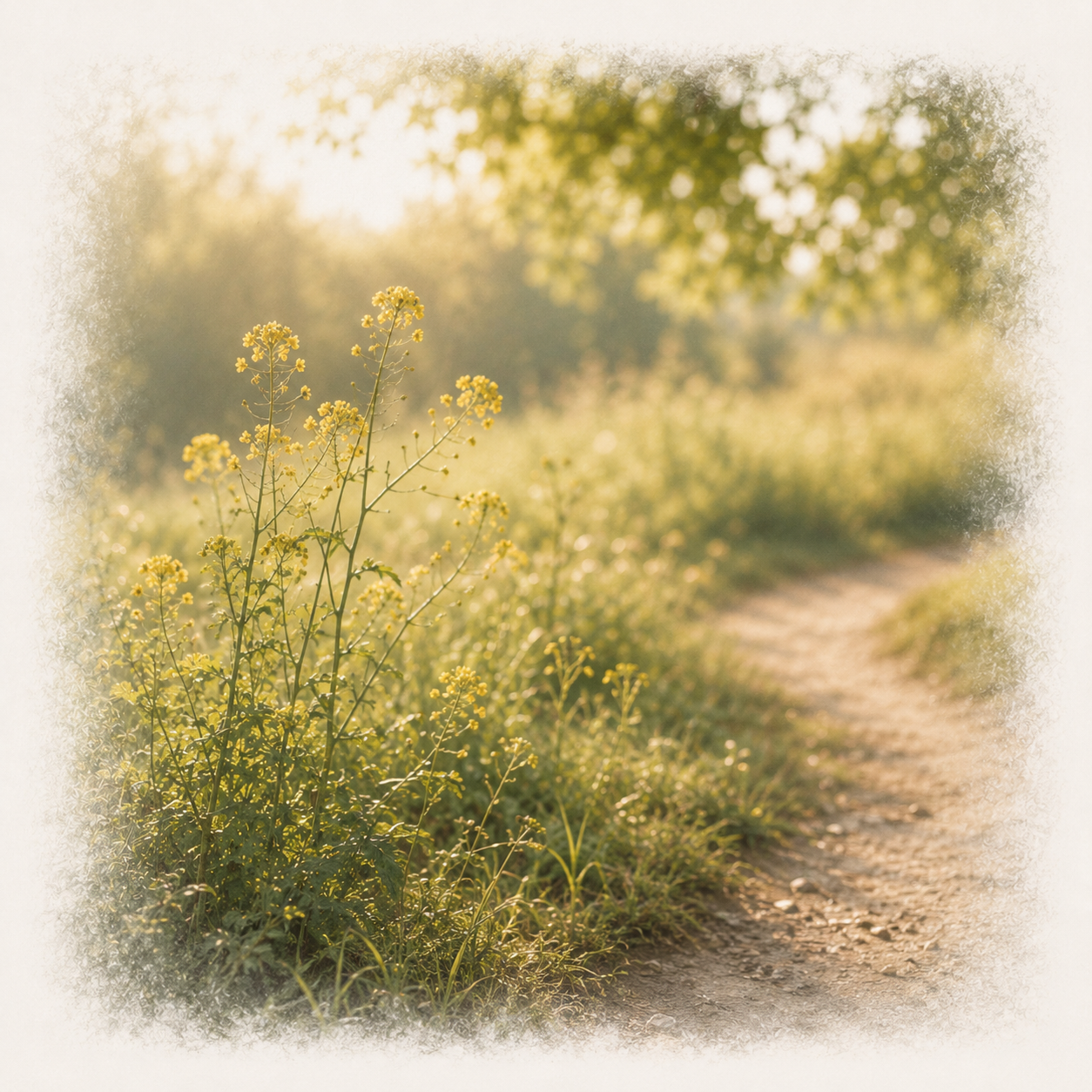 A dirt path winding through a meadow with yellow wildflowers on a sunny day, blurred background of trees and sunlight