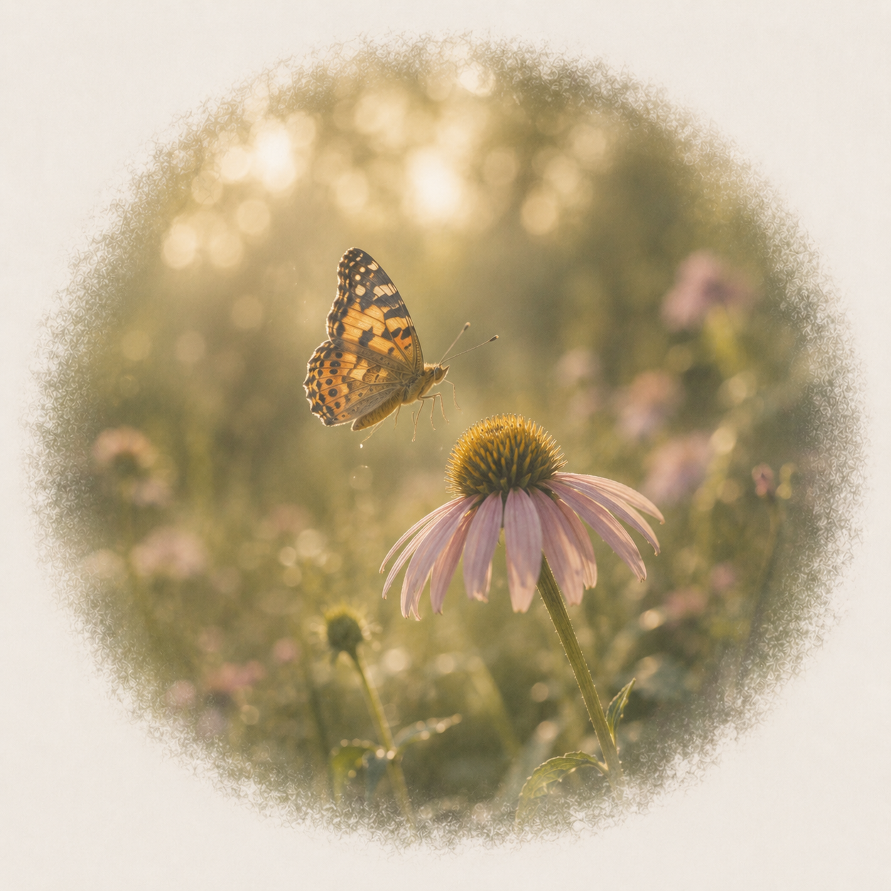 A butterfly perched on a pink coneflower in a field, lit by soft sunlight with a blurred background.