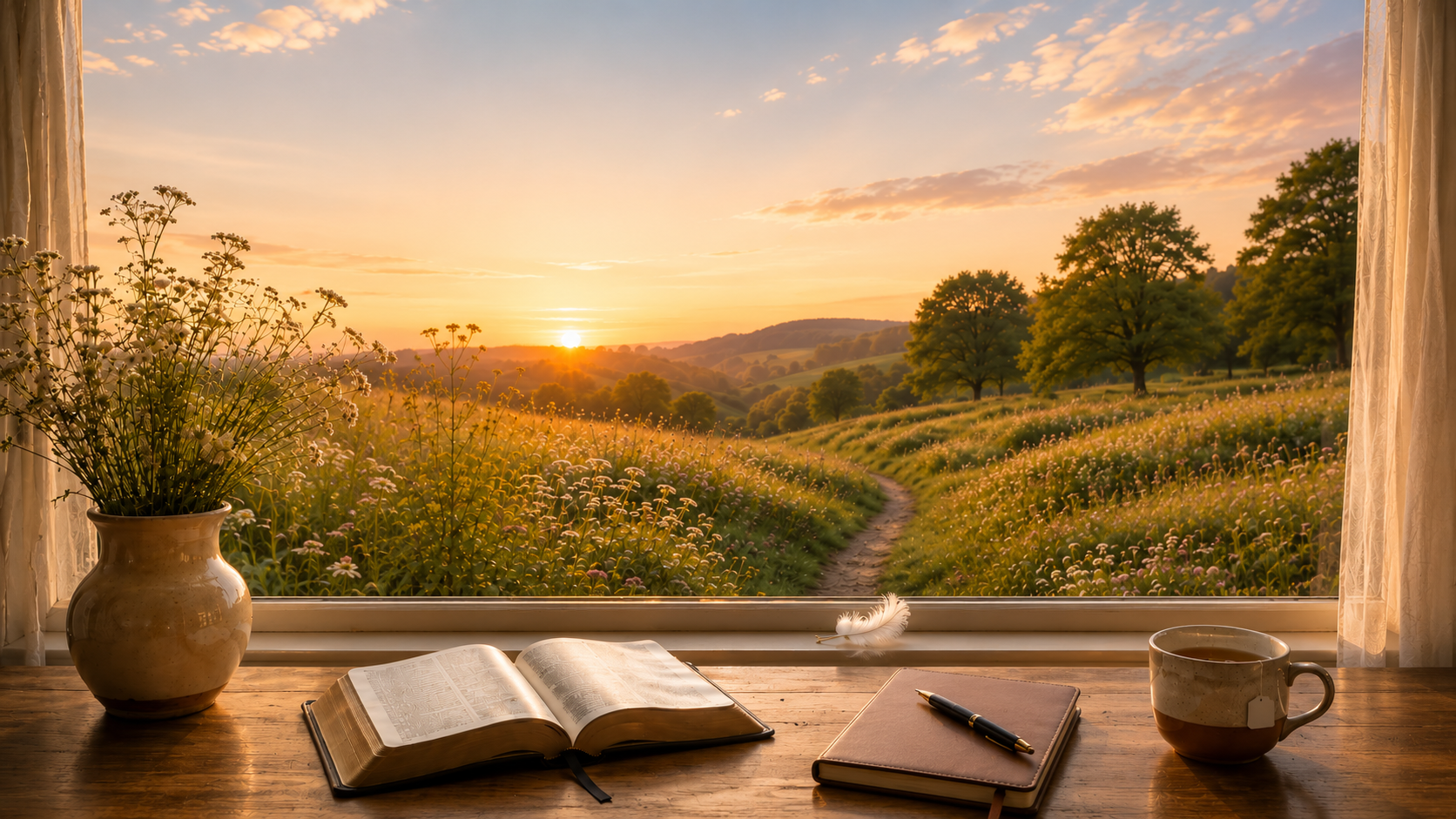 A cozy wooden desk holding an open book, a closed notebook with a pen, a ceramic mug with tea, and a vase of wildflowers. The desk faces a large window showing a scenic sunset over rolling hills and trees, with a dirt path in a field of flowers.