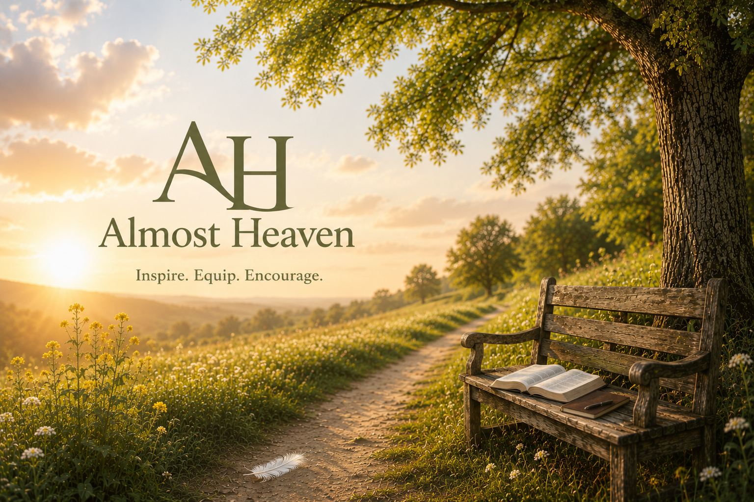 A park bench with an open book and a pen rests beside a large tree in a field of wildflowers during sunset, with a pathway leading into the distance and a sky filled with clouds.
