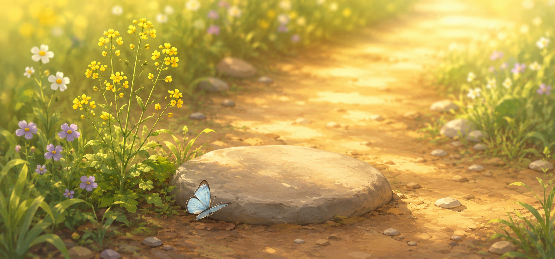 a blue butterfly rests beside a sunlit stepping stone surrounded by mustard flowers and  wildflowers.