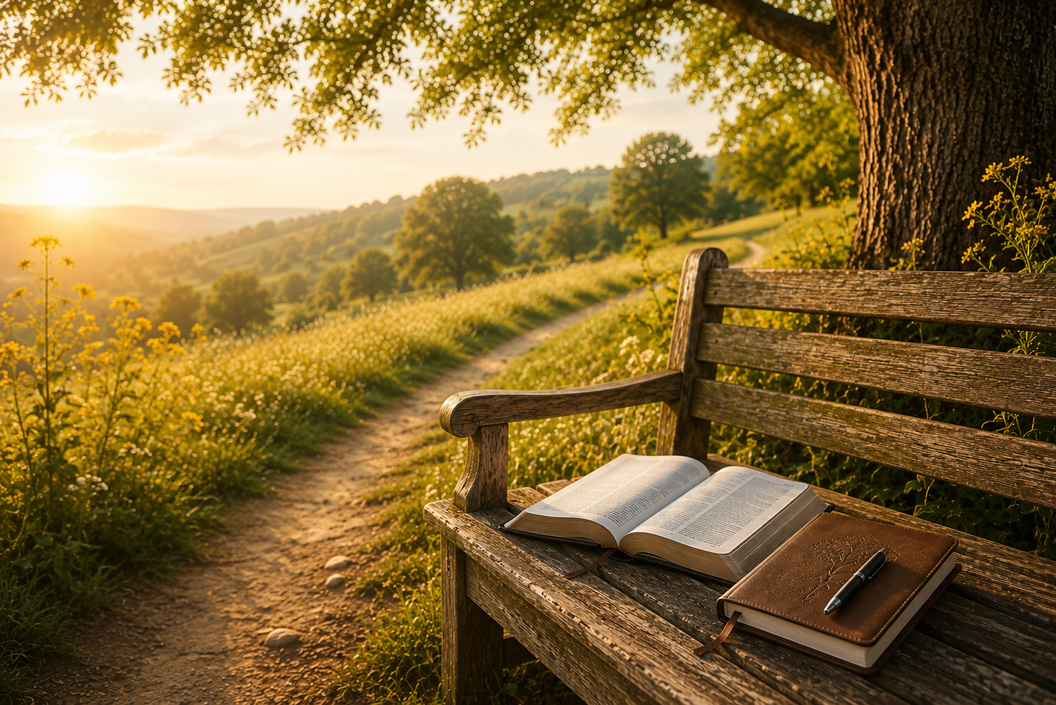 A wooden park bench with an open book, a closed book, and a pen, situated under a tree on a grassy hill at sunset, overlooking a path and distant trees.
