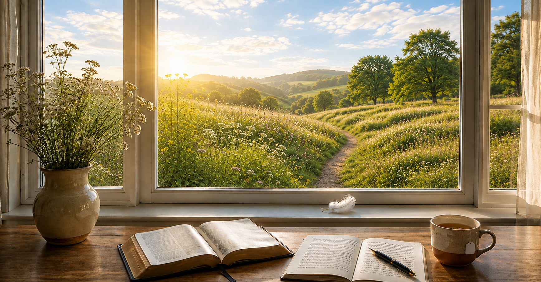 A cozy windowsill with open books, a pen, a mug of tea, a feather, and a vase of white flowers overlooking a scenic countryside path through a window at sunrise, with rolling hills and trees.