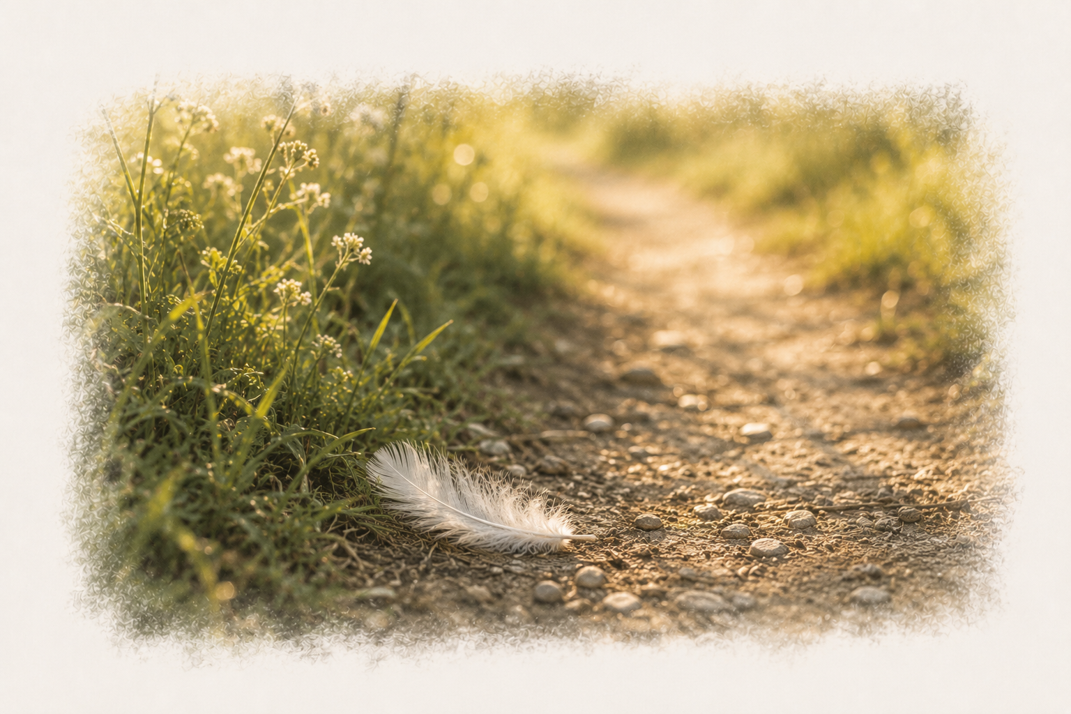 A white feather on a dirt trail surrounded by green grass and small white wildflowers, with sunlight illuminating the scene.