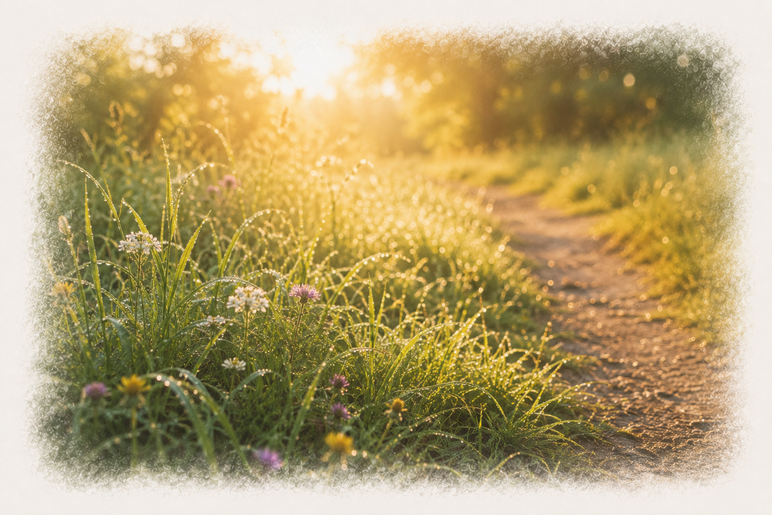 Sunlit dirt path through a grassy field with small flowers, with morning dew on the grass and the sun shining in the background.