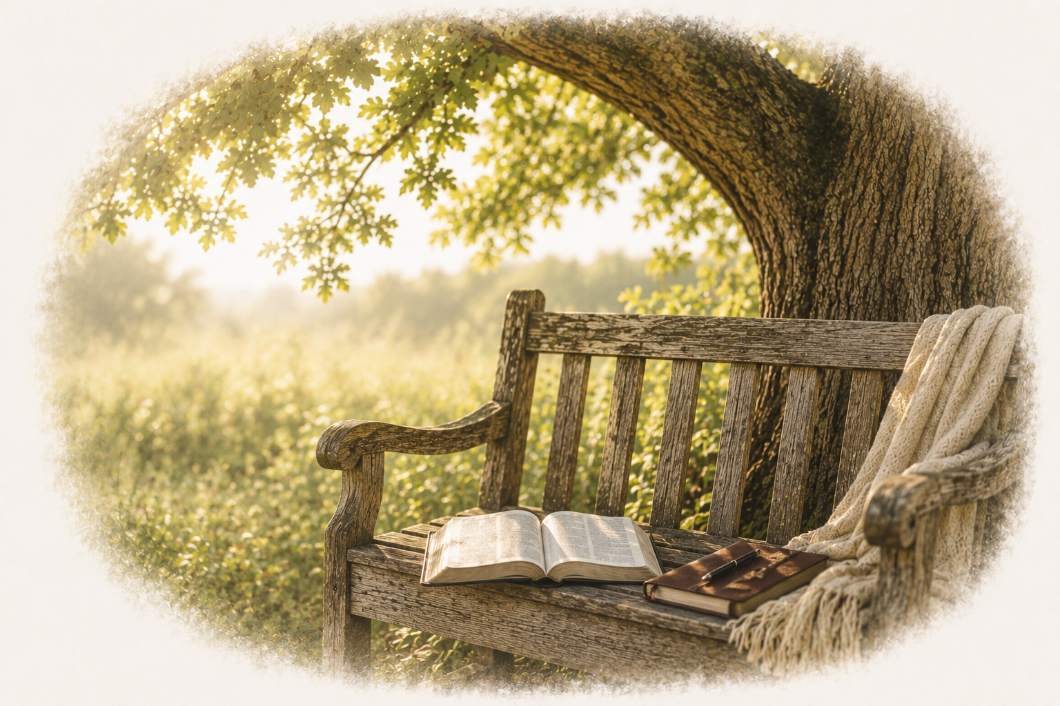 A wooden park bench with an open book, a closed leather-bound book, and a pen rests under a large tree with green leaves, in a sunlit outdoor setting.