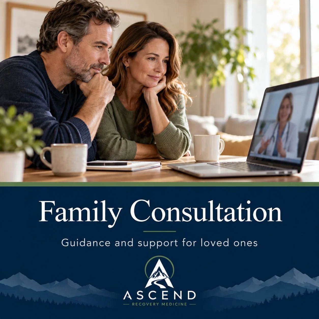 Family Consultation – couple on a video visit with a physician, Ascend Recovery Medicine