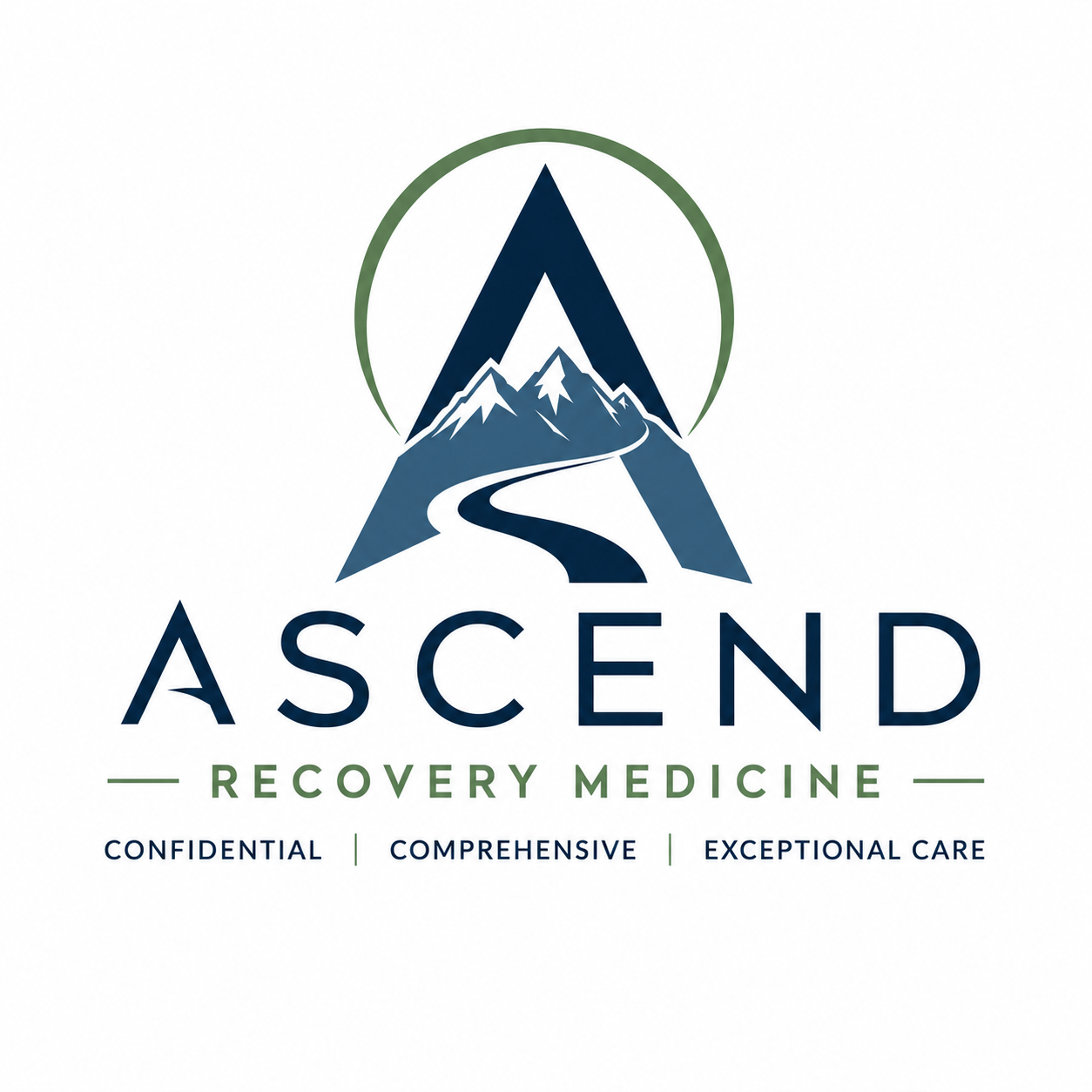 Logo for Ascend Recovery Medicine featuring a mountain with a winding road, with the name 'ASCEND' and the tagline 'RECOVERY MEDICINE' below, and words 'CONFIDENTIAL,' 'COMPREHENSIVE,' and 'EXCEPTIONAL CARE' at the bottom.