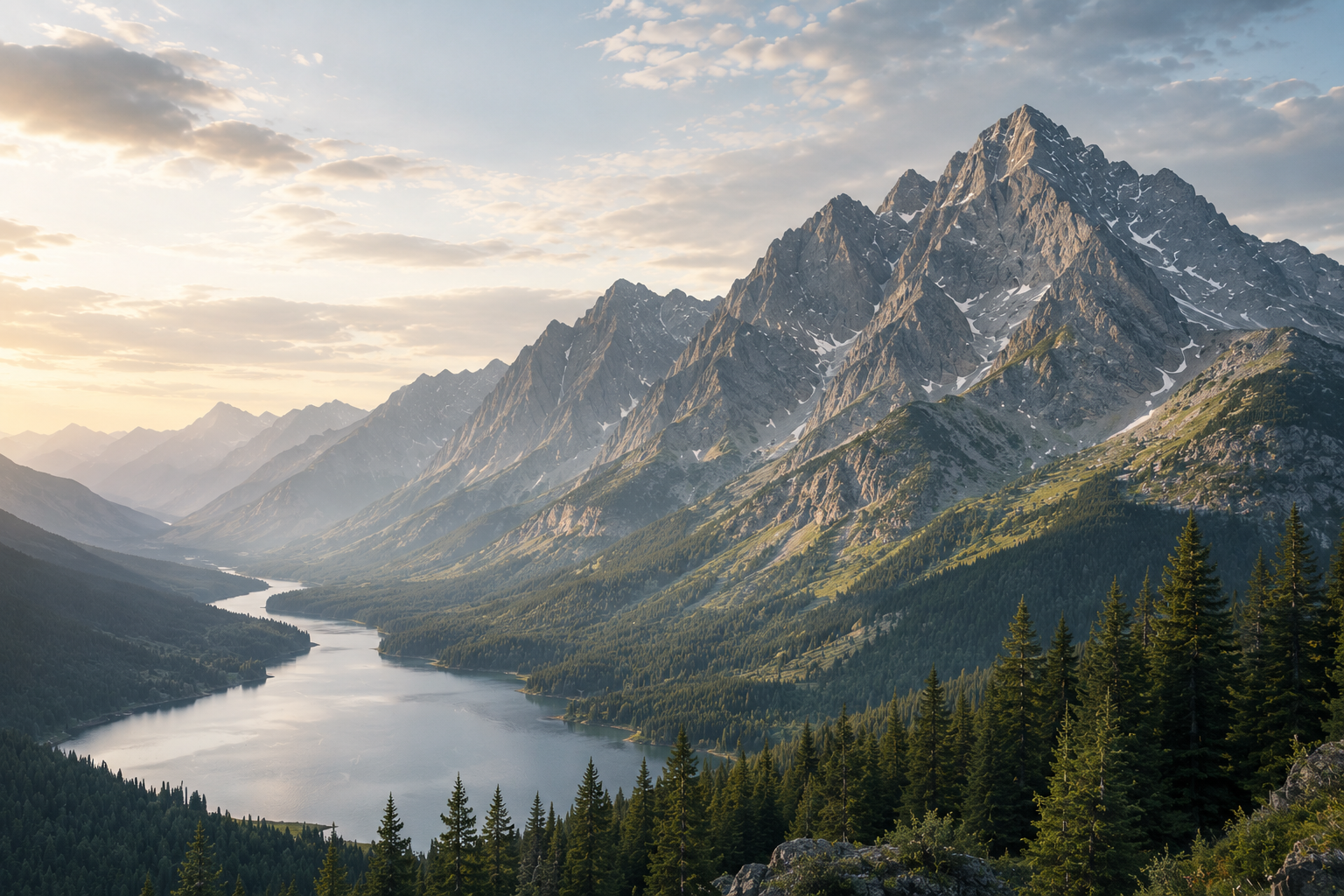 Scenic view of a mountain range with snow-capped peaks, a river flowing through the valley, and a forest of evergreen trees, under a partly cloudy sky at sunrise or sunset.