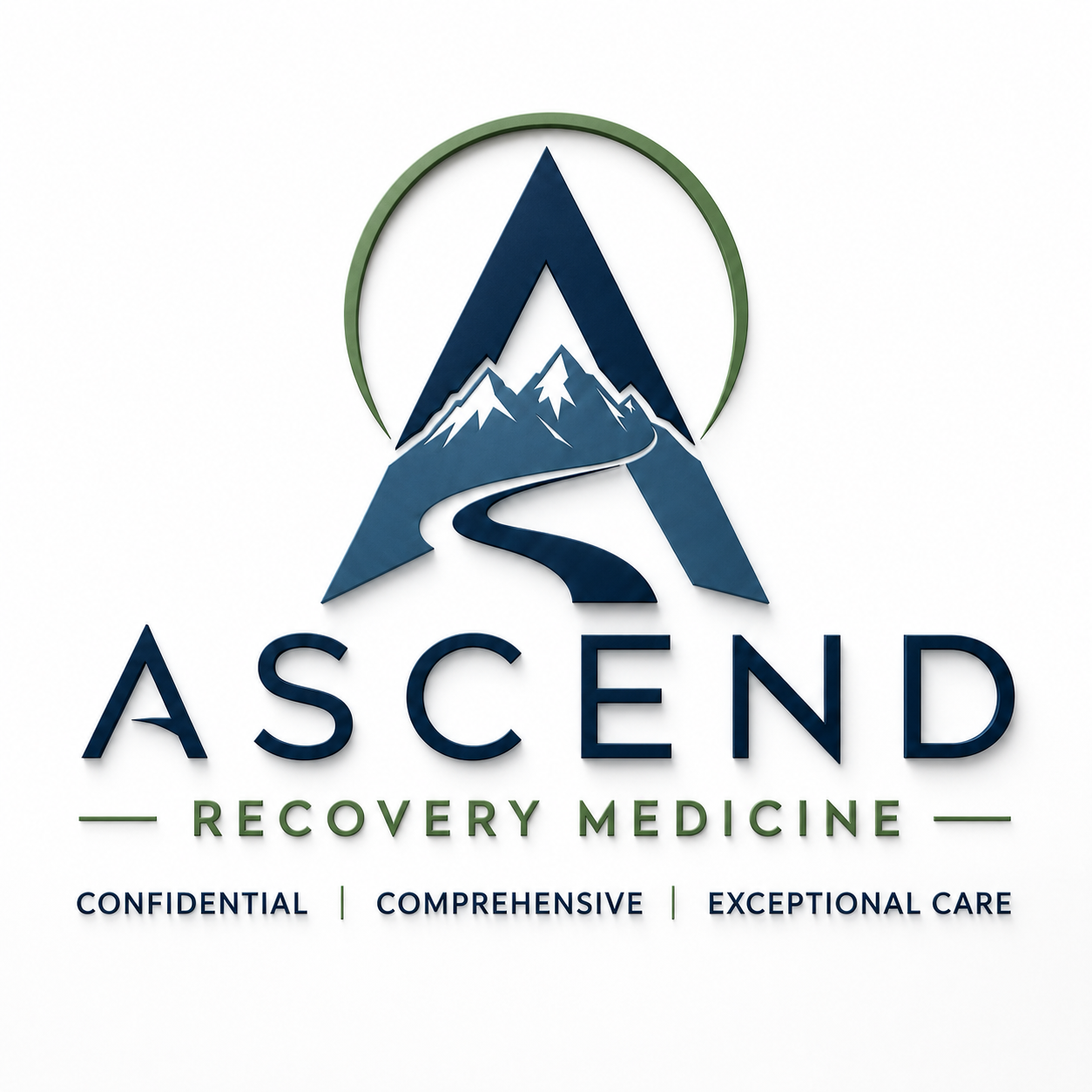 Logo for ASCEND Recovery Medicine featuring a mountain, river, and circle design with the words "ASCEND Recovery Medicine" and tagline "Confidential, Comprehensive, Exceptional Care."