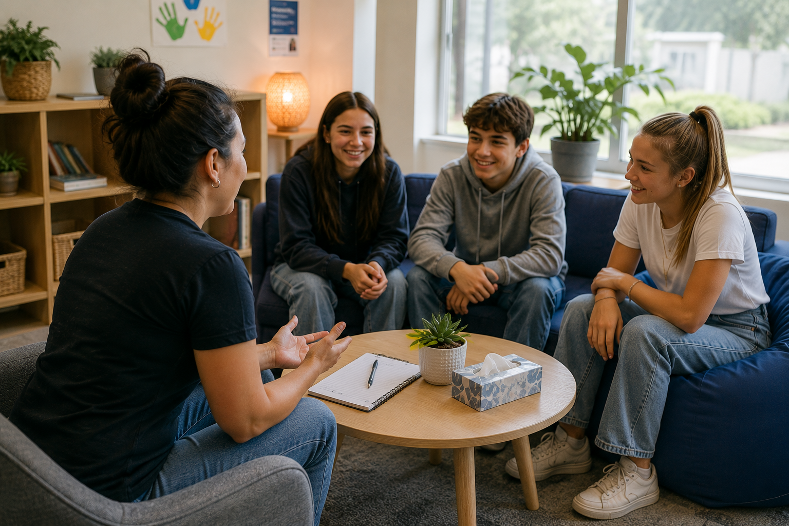 A group of three teenagers sitting on a blue couch, talking with a woman in a black shirt in a cozy room with wooden shelves, plants, and large windows.