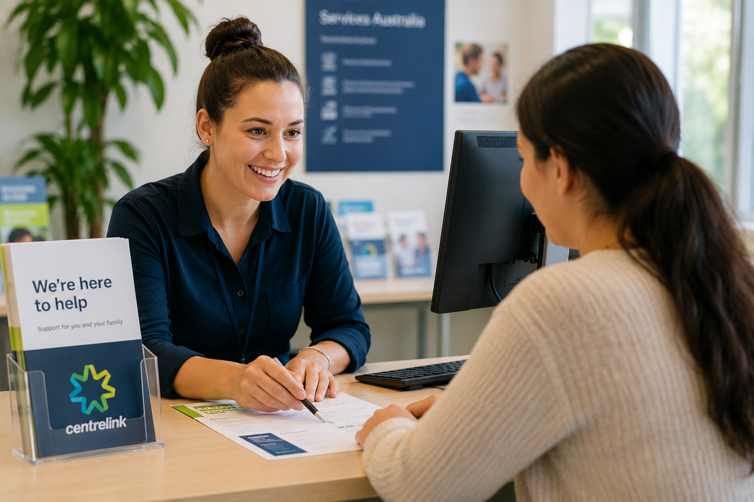 A woman smiling at a customer service desk talking to a woman in a beige sweater. There is a sign that says 'We're here to help' and a computer monitor on the desk.