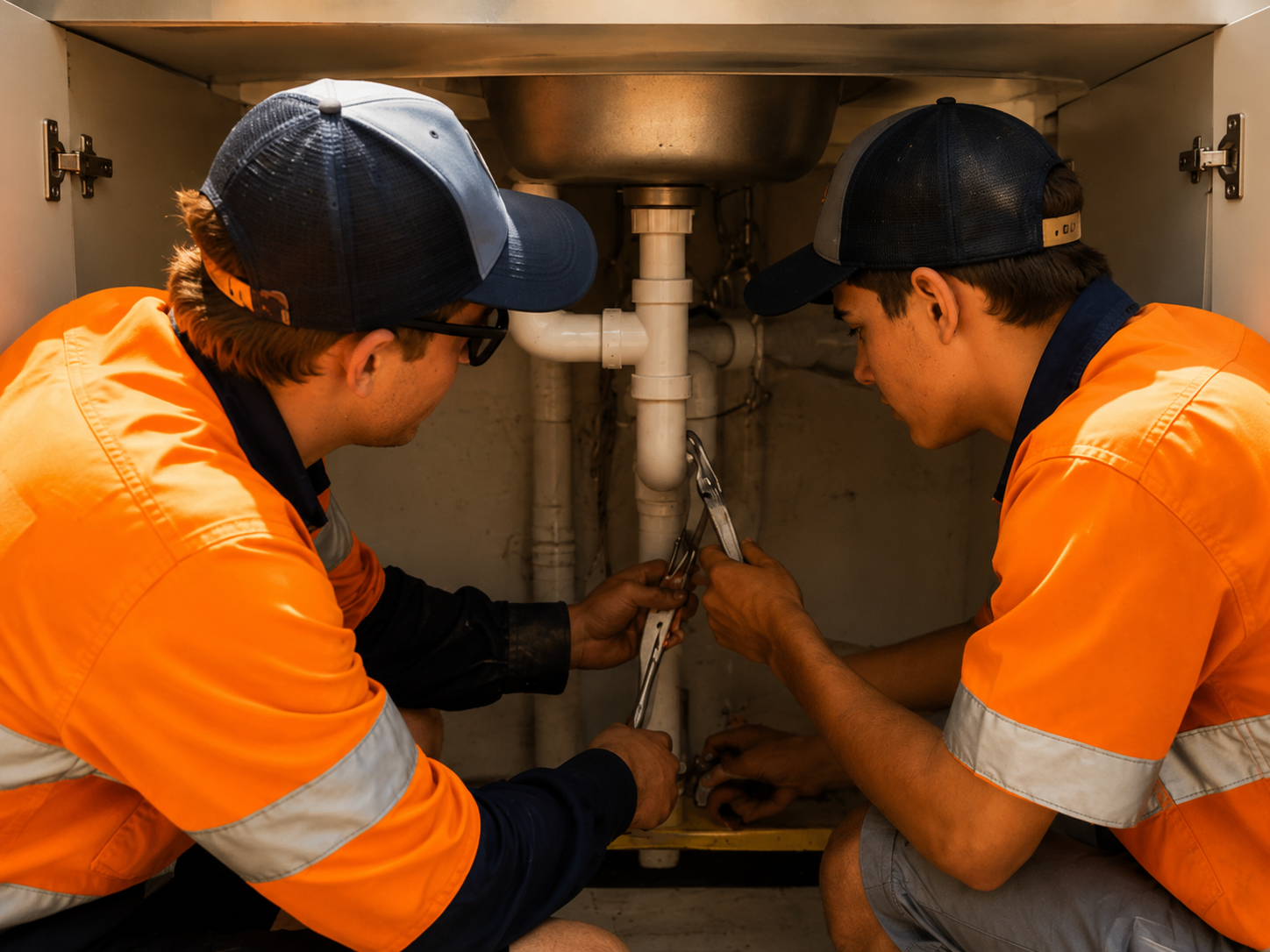 Two workers in orange safety uniforms and caps repairing pipes under a sink.