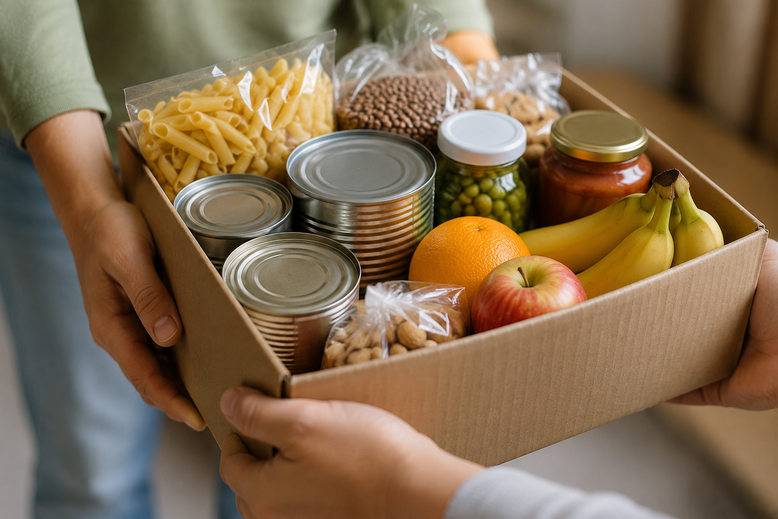 A cardboard box filled with canned goods, pasta, canned vegetables, fruits, and jars of preserved food being handed from one person to another.