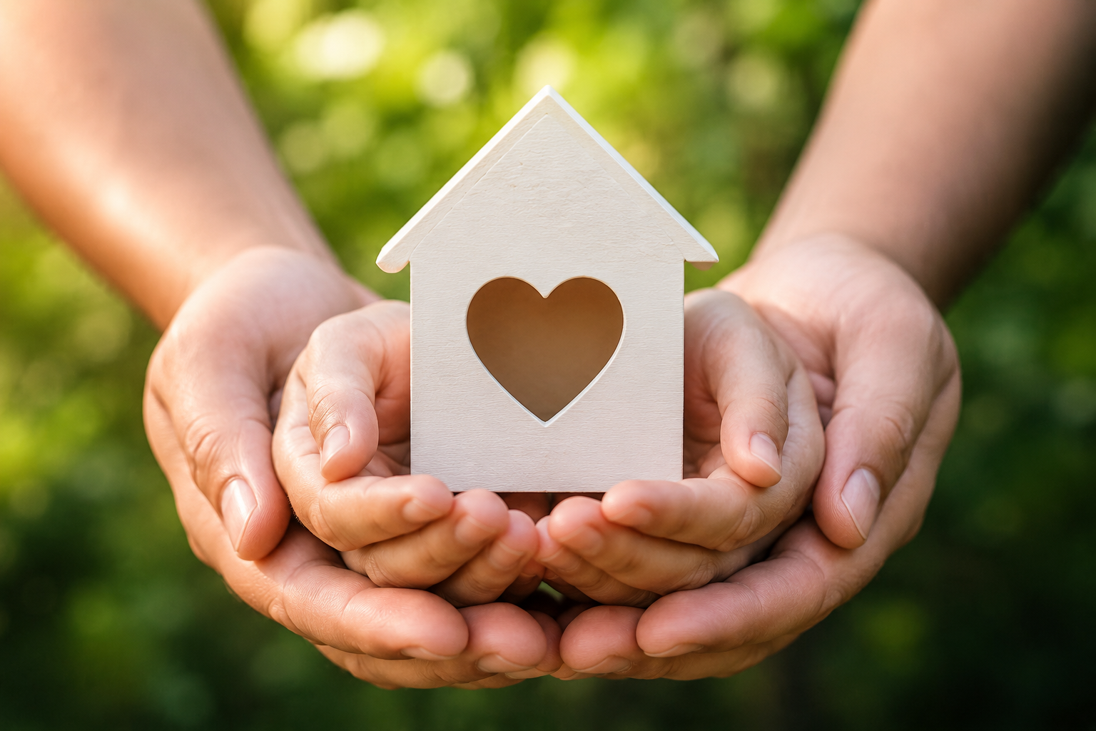 Hands holding a small white house with a heart-shaped cutout on the front, with a green, blurred outdoor background.