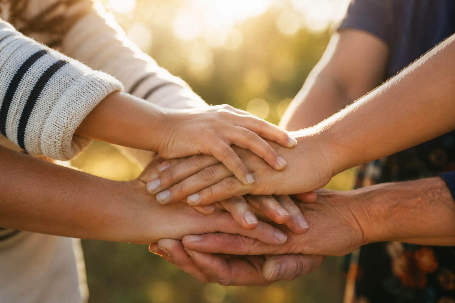 Multiple hands of diverse people stacked together in a gesture of unity, outdoors with warm sunlight in the background.