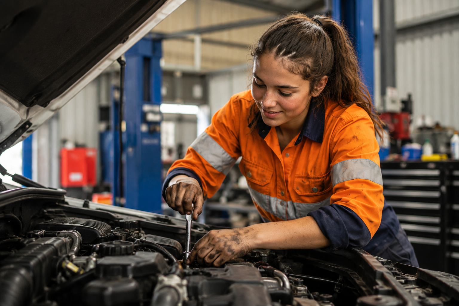 A young woman wearing an orange and navy mechanic's uniform working underneath the hood of a car with a socket wrench in her hand, in an automotive repair shop.