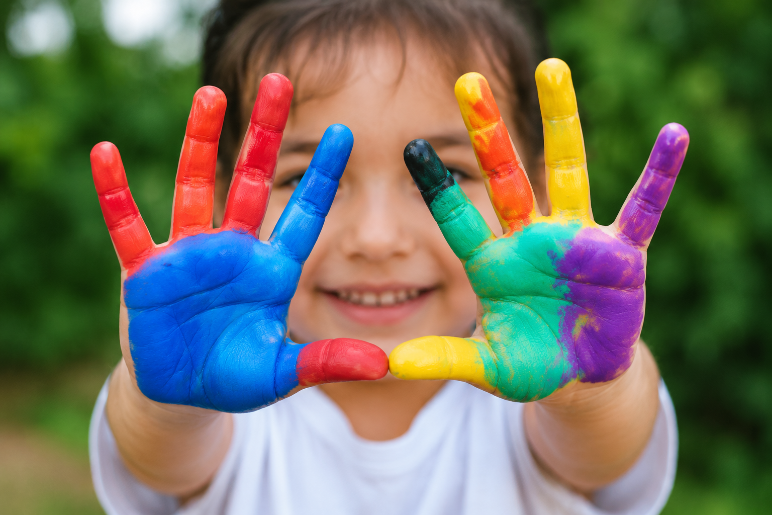 A smiling child with colorful painted hands forming a frame, outdoors with a green background.