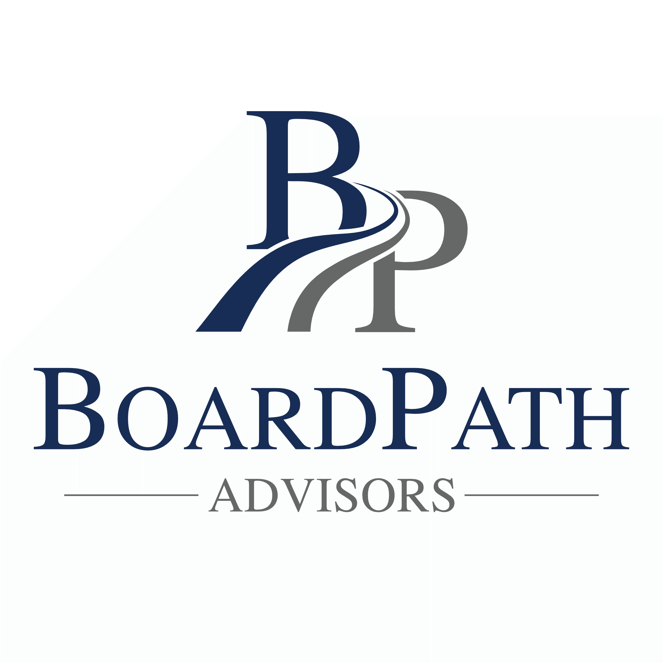A logo with a stylized letter 'B' in navy blue on a white background, with curved lines extending from the bottom of the 'B'. Below the logo, the text reads 'BoardPath Advisors' in navy and gray fonts.