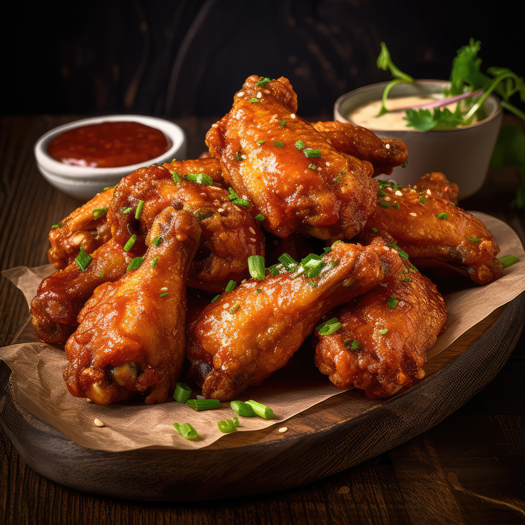Close-up of spicy buffalo chicken wings garnished with green onions, served with a side of dipping sauce and a bowl of creamy dip with fresh herbs, on a wooden table.